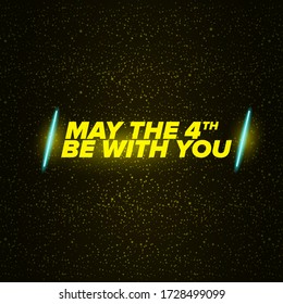 May the 4th be with you holiday greetings vector illustration with text on night space background with glowing stars.  May the fourth be with you lettering. star wars day poster design template