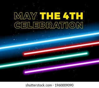 May the 4th be with you holiday celebration vector illustration with yellow text May the 4th and blue, red, green, purple lights on space background - vector illustration