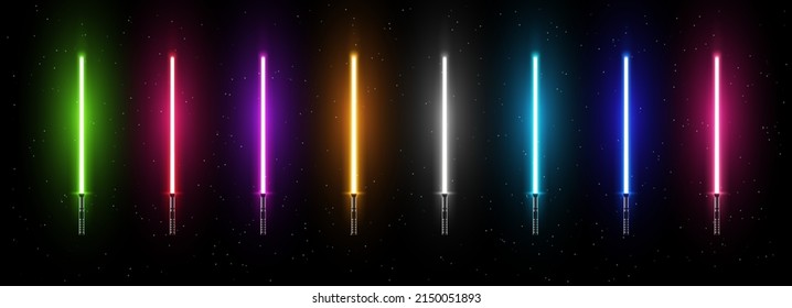 May The 4th Be With You Light Sabers Vector Background. Star Wars Day Wide Wallpaper. Collection of Light Futuristic Swords. Design Elements for Your Projects. Vector Illustration.