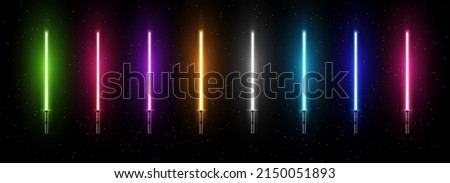 May The 4th Be With You Light Sabers Vector Background. Star Wars Day Wide Wallpaper. Collection of Light Futuristic Swords. Design Elements for Your Projects. Vector Illustration.