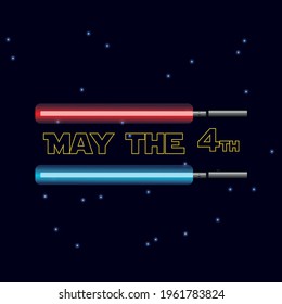 May The 4th Be With You. Vector illustration with glowing swords and stars.