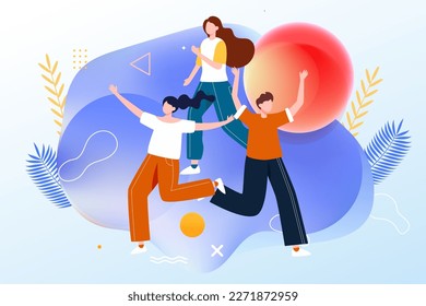 May 4th International Youth Day, young people happy celebrating together, background with building land and plants, vector illustration