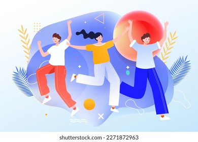 May 4th International Youth Day, young people happy celebrating together, background with building land and plants, vector illustration