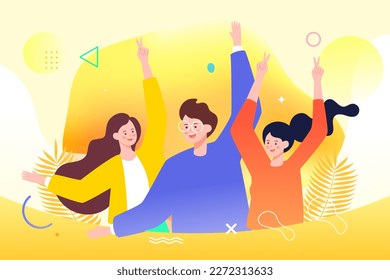 May 4th International Youth Day, young people happy celebrating together, background with building land and plants, vector illustration