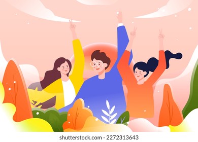 May 4th International Youth Day, young people happy celebrating together, background with building land and plants, vector illustration