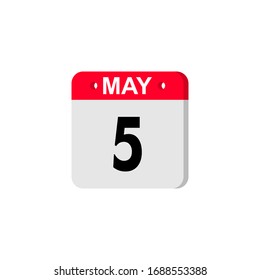 May 5 calendar icon. Planner holiday date isolated on white background. Color illustration in flat design. Holidays in May. Vector illustration. EPS10