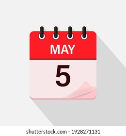 May 5, Calendar icon with shadow. Day, month. Flat vector illustration.