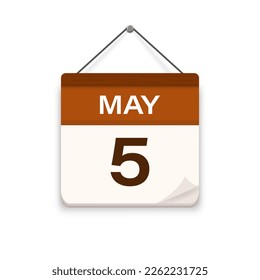 May 5, Calendar icon with shadow. Day, month. Meeting appointment time. Event schedule date. Flat vector illustration. 
