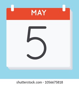 May 5. Calendar icon. Vector illustration in flat design isolated in blue background. Date and time, day, month.