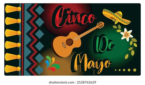 5 de maio é um feriado federal no México. Violão de festa popular mexicano e chapéu sombrero. Conceito Cinco de Mayo. Ilustração de vetor plano.