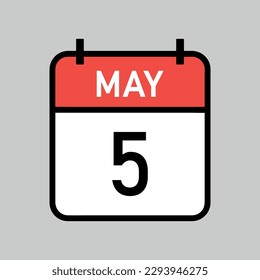 May 5, red and white color calendar page with black outline, calendar date vector illustration