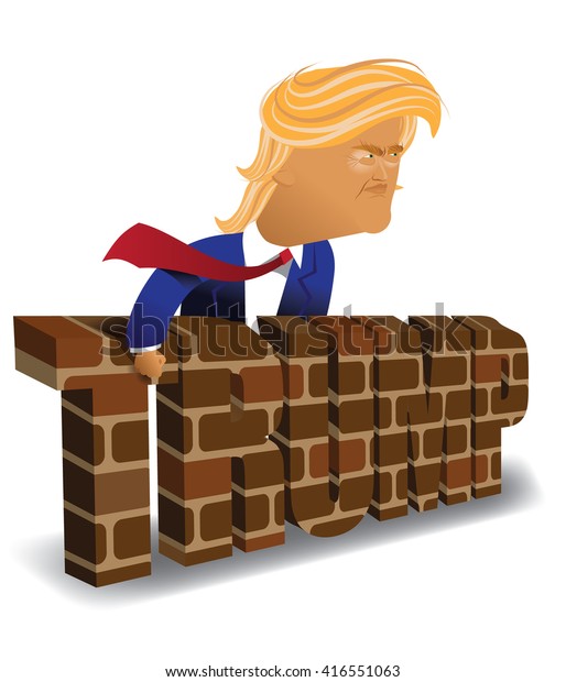 MAY 6, 2016: Illustrative\
editorial cartoon of Donald Trump behind a brick wall. EPS 10\
vector.