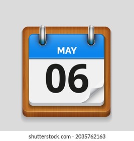 May 6 blue daily realistic calendar with wooden frame icon date vector image