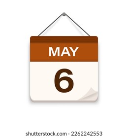 May 6, Calendar icon with shadow. Day, month. Meeting appointment time. Event schedule date. Flat vector illustration. 