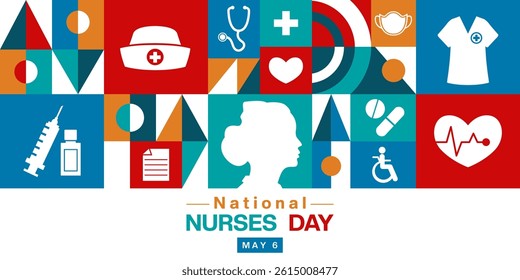 May 6th Is National Nurses Day. Geometric style, nurses, stethoscope, medicine and more. Great for posters, banners, social media and more. White background.