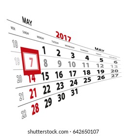 May 7, highlighted on 2017 calendar. Vector Illustration.