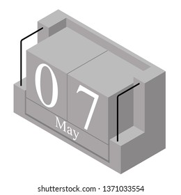 May 7th date on a single day calendar. Gray wood block calendar present date 7 and month May isolated on white background. Holiday. Season. Vector isometric illustration