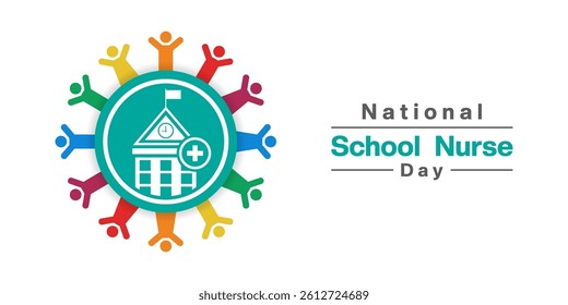 May 7th is National School Nurse Day. School, plus icon and people. Great for posters, banners, social media and more. White background.
