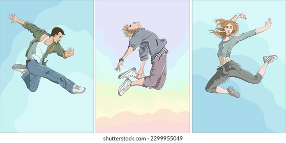 May, 8, 2023 A vector illustration of young people jumping into the sky