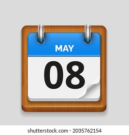 May 8 blue daily realistic calendar with wooden frame icon date vector image