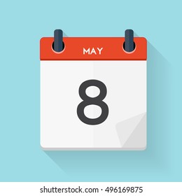 May 8 Calendar Flat Daily Icon. Vector Illustration Emblem. Element of Design for Decoration Office Documents and Applications. Logo of Day, Date, Time, Month and Holiday. EPS10