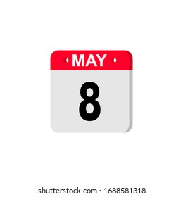 Icono del calendario 8 de mayo. Fecha de vacaciones del planificador aislado en fondo blanco. Ilustración de color en diseño plano. Vacaciones en mayo. Ilustración vectorial. EPS10