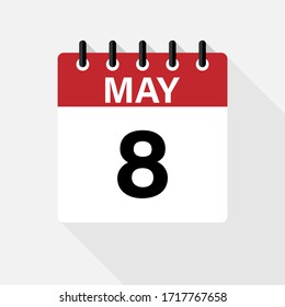 May - 8 Calendar Icon. Calendar Icon with shadow. Flat style. Date, day and month.
