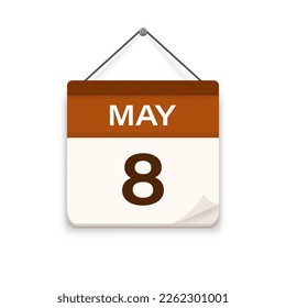8. Mai, Kalendersymbol mit Schatten. Tag, Monat. Termine für Sitzungen Datum des Ereignisplans Flache Vektorgrafik. 