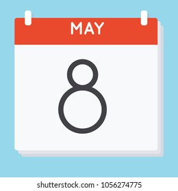 May 8. Calendar icon. Vector illustration in flat design isolated in blue background. Date and time, day, month.