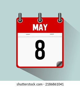 8 de mayo, ilustración vectorial de icono de calendario, aislada en fondo azul claro.