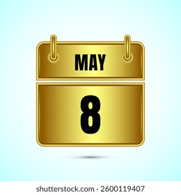 May 8 calendar and time planner on gold background. Daily calendar icon, schedule symbol