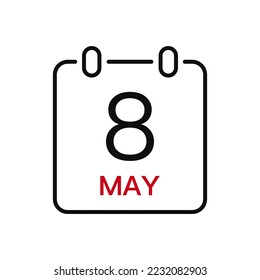 Fecha del 8 de mayo en el calendario, icono de trazo de línea vectorial para la interfaz de usuario. Calendario con fecha, ilustración vectorial.