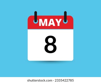 May 8. Flat icon calendar isolated on blue background. Date and month vector illustration