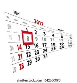 May 8, highlighted on 2017 calendar. Vector Illustration.