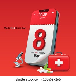 May 8th, calendar on mobile phone, red background, World Red Cross and red Crescent Day, Vector Image