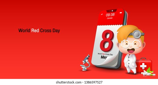 May 8th, cartoon calendar on mobile phone, red background long size, World Red Cross and red Crescent Day, Vector Image