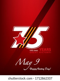 The May 9 banner design marks the 75th anniversary of the Great Victory. 1945-2020. Patriotic War. Inscription in English: World War II. Illustration. Russian Victory Day. St. George ribbon, vector