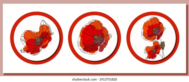 May 9. Banner for Victory Day. Symbolic red poppy on a white background. Vector illustration. Victory day poster. Poppy flower symbol of memory. World War II round template.