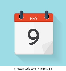 May 9 Calendar Flat Daily Icon. Vector Illustration Emblem. Element of Design for Decoration Office Documents and Applications. Logo of Day, Date, Time, Month and Holiday. EPS10
