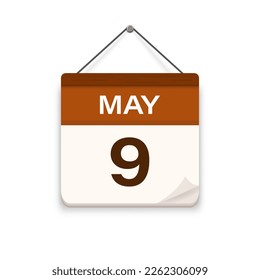 9 de mayo, icono del calendario con sombra. Día, mes. Hora de cita de la reunión. Fecha de programación del evento. Ilustración vectorial plana. 