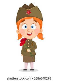 May 9. Cute girl holding flowers. Happy Victory day. Russian holiday. Vector illustration on white background