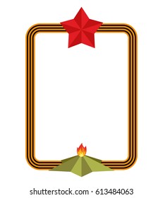 May 9 frame. St. George ribbon and red star. Eternal flame Russian symbol is day of victory