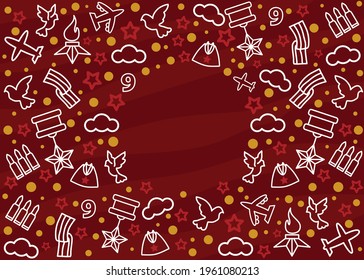 May 9 greeting card template. Vector illustration. Modern Victory Day postcard design. Linear military icons.
