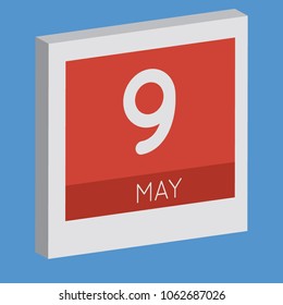 May 9, isolated 3D calendar. Illustration on blue background with day and month. Date and time for an appointment.