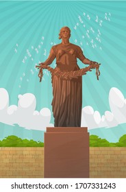 May 9 is a Russian holiday. Summer Sky landscape with War Monument «Mother Country». Victory Day Illustration. Peaceful sky over the head.