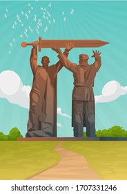 Der 9. Mai ist ein russischer Feiertag. Summer Sky Landschaft mit dem Kriegsdenkmal "Zurück". Illustration zum Siegstag. Ruhiger Himmel über dem Kopf.