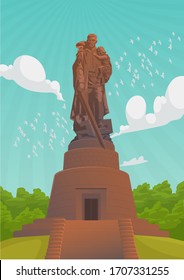 El 9 de mayo es feriado ruso. El paisaje del cielo de verano con el Monumento a la Guerra "Soldado-liberador". Ilustración del Día de la Victoria. Cielo pacífico sobre la cabeza.