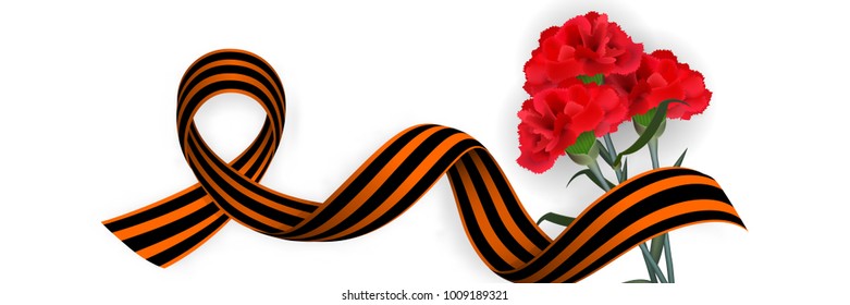 May 9 Victory Day. Russian winner Great war. Vector realistic bud carnation flower illustration. Isolated white background. Saint George striped ribbon. Greeting card veteran memory