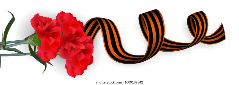 May 9 Victory Day. Russian winner Great war. Vector realistic bud carnation flower illustration. Isolated white background. Saint George striped ribbon. Greeting card veteran memory