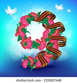 May 9 Victory Day russian national holiday vector greeting card or banner with ribbon of Saint George and number nine consisting of red ñarnation flowers on blue sky background with flying white doves